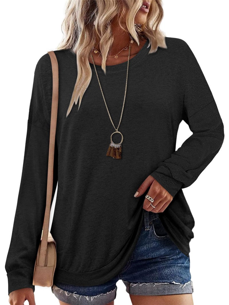 onlypuff Woman's Tops Long Sleev Shirts Black Pocket T Shirts Loose Fitting Tunic Fashion Tops Ladies Blouse 3XL - Image 1